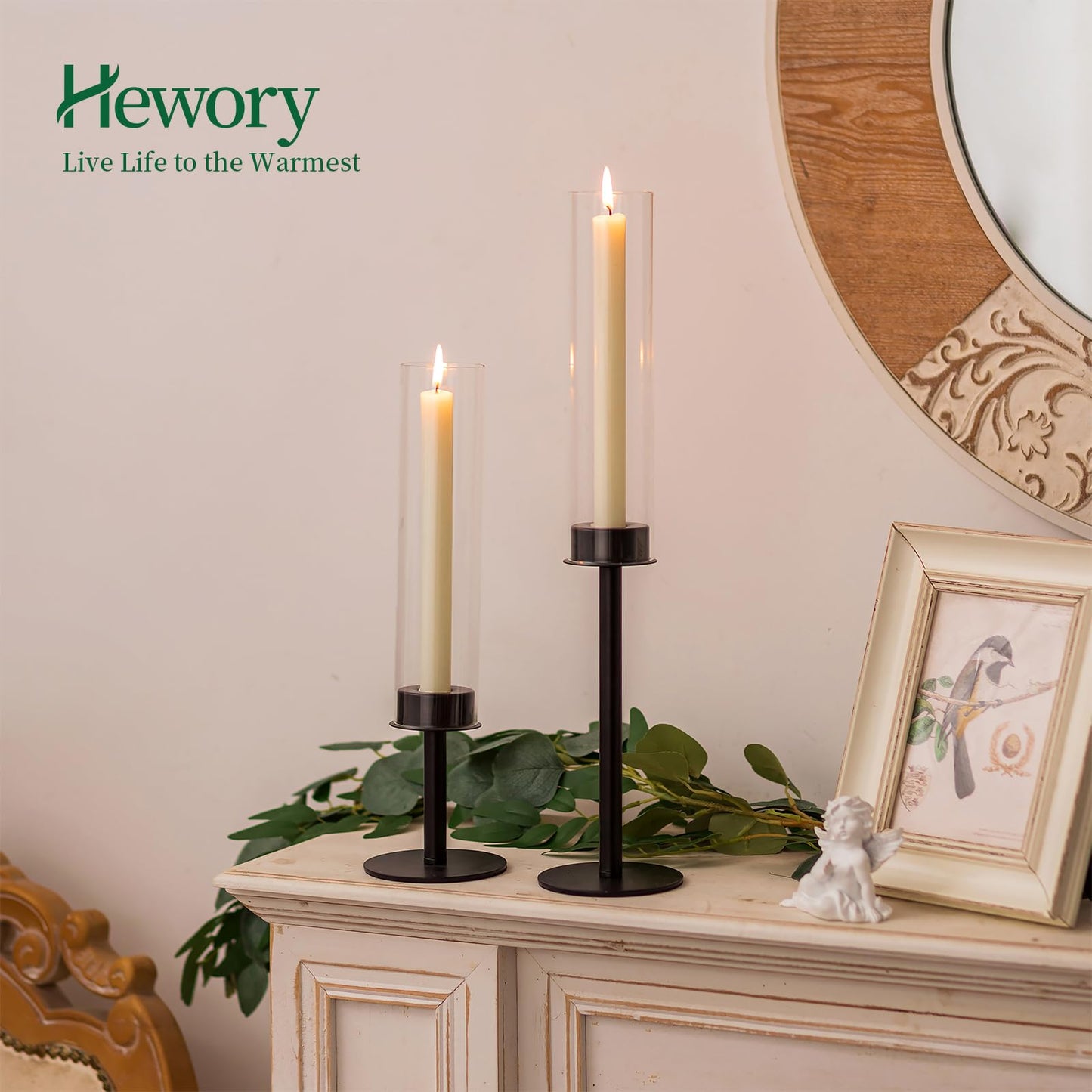 Hewory Black Candlestick Holders Hurricane Candle Holder, 6Pcs Candle Stick Candle Holder Candelabra, Taper Candle Holders with Glass Candle Cover for Wedding Table Centerpiece Christmas Decor