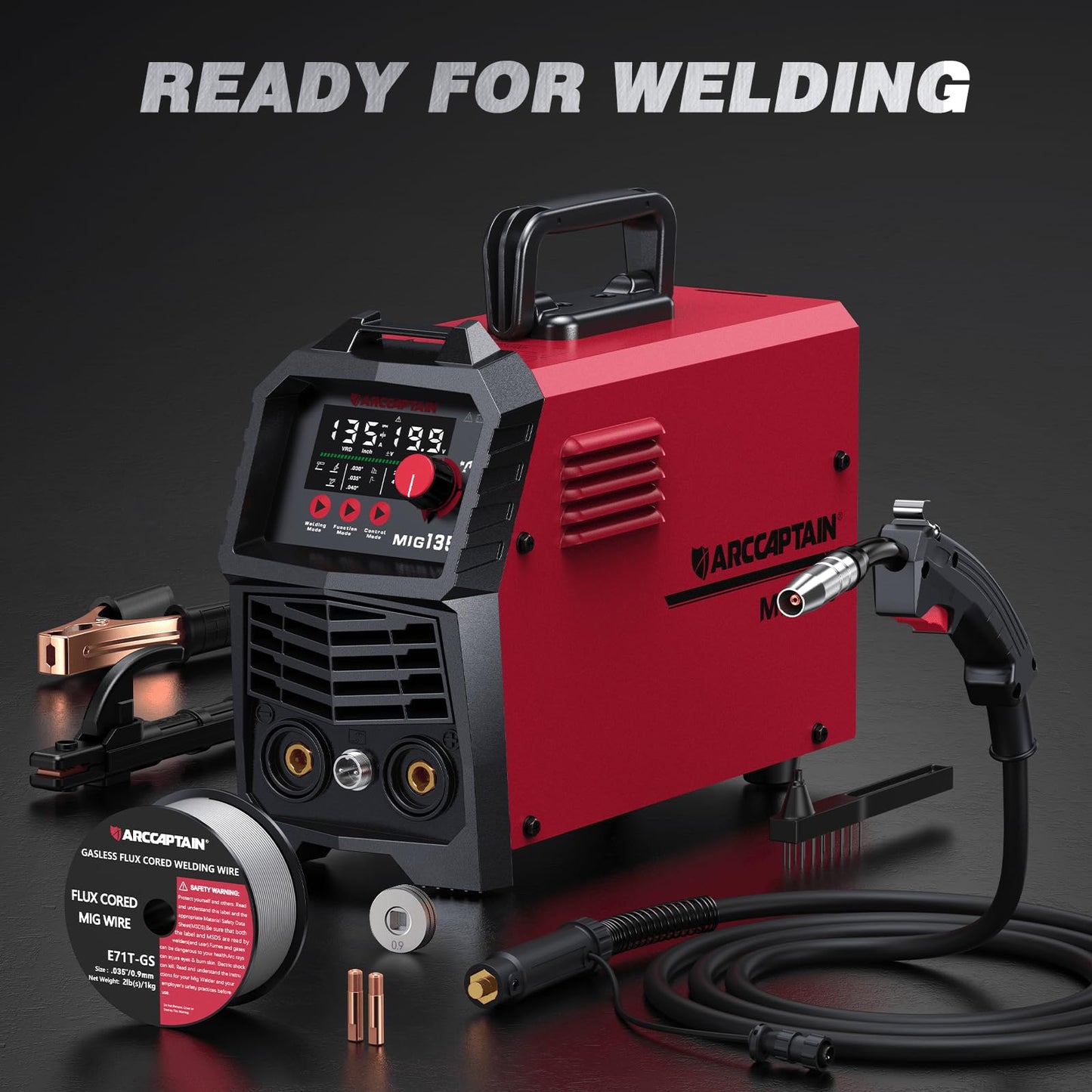 ARCCAPTAIN 135A MIG Welder [Large LED Display] 110V Welder Flux Core MIG, Lift TIG, Stick, 3 in 1 Welding Machine Gasless MIG Welder Machine 110V, IGBT Inverter Welder with Synergy, 2T/4T