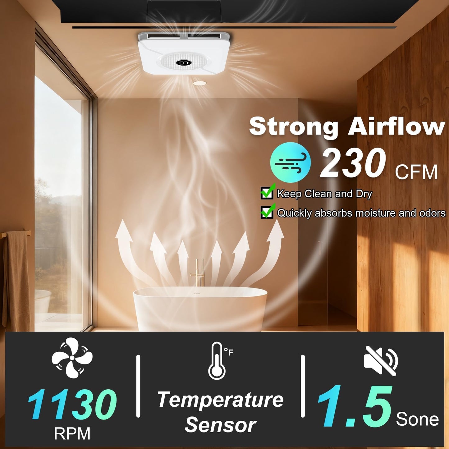 Bullro Bathroom Exhaust Fan with Bluetooth Speaker and Light, Plug & Play Installation, 230 CFM/1.5 Sone Bathroom Vent Fan, 7 RGB Lighting and 3 Music Rhythms, Remote Control, 3000K-6500K Adjustable
