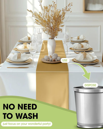 Pureegg Gold Plastic Table Runners - 10 Pack, 14'' x 108'', Water Resistant & Disposable Centerpiece Decorations for Table Cloth, Wedding, Birthday, Holiday, Baby Shower, Party, Home Decor