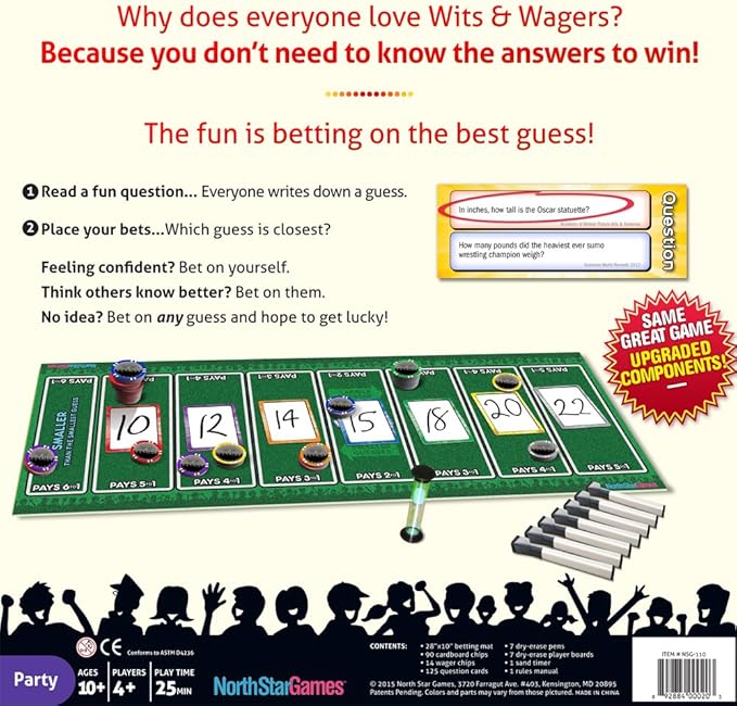 Wits &amp Wagers Deluxe Board Game by North Star Games - Award Winning Trivia Game - 4+ Players - Ultimate Party Game for Family Teens and Adults.