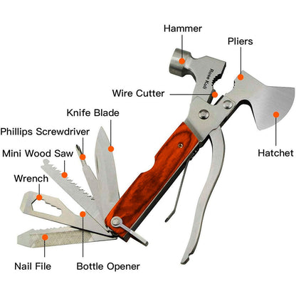 Camping Gear Multitool, Cool & Unique Birthday Gifts for Men Dad Husband Boyfriend, 18-in-1 Survival Gear for Outdoor Hunting Hiking, Emergency Escape Tool with Axe,Hammer,Plier,Knife,Bottle Opener