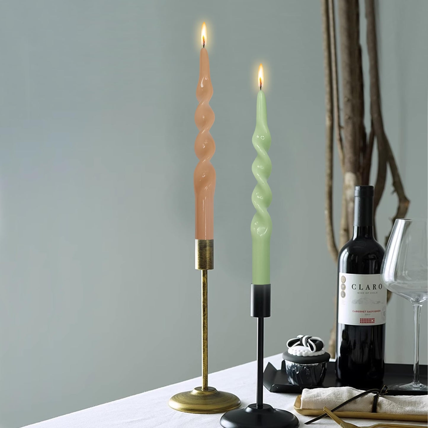 XINAOBAOLUO Spiral Taper Candles Twisted Candlestick 10 Inch Tall Candle Stick Smokeless Wax Candle Unscented Long Candles for Home Decoration Holiday Wedding Party, Brown & Green