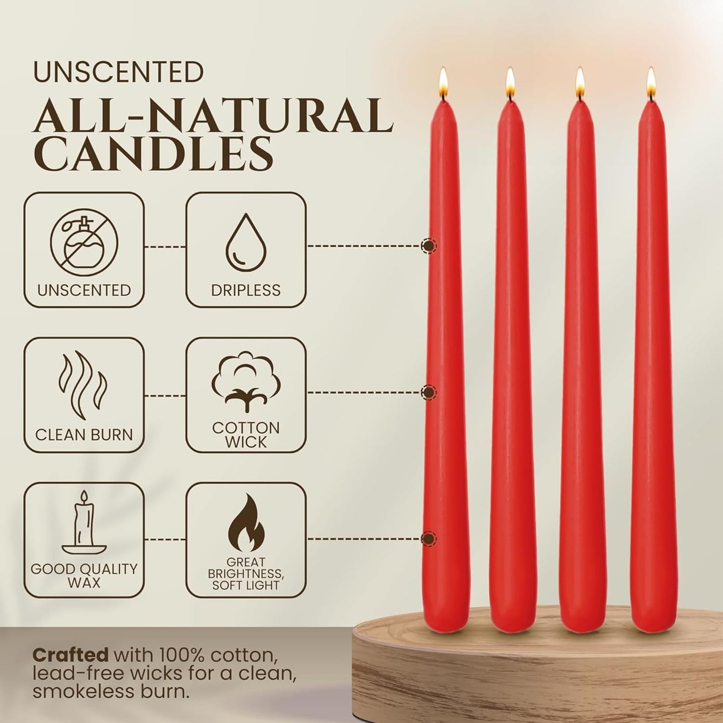 Axiom Candles - Red Taper Candles - 10 Inch Dripless Smokeless Tall Candle Sticks - 9 Hour Burn Time - Tapered Candles for Home, Dinners, Weddings, Parties (Pack of 10)
