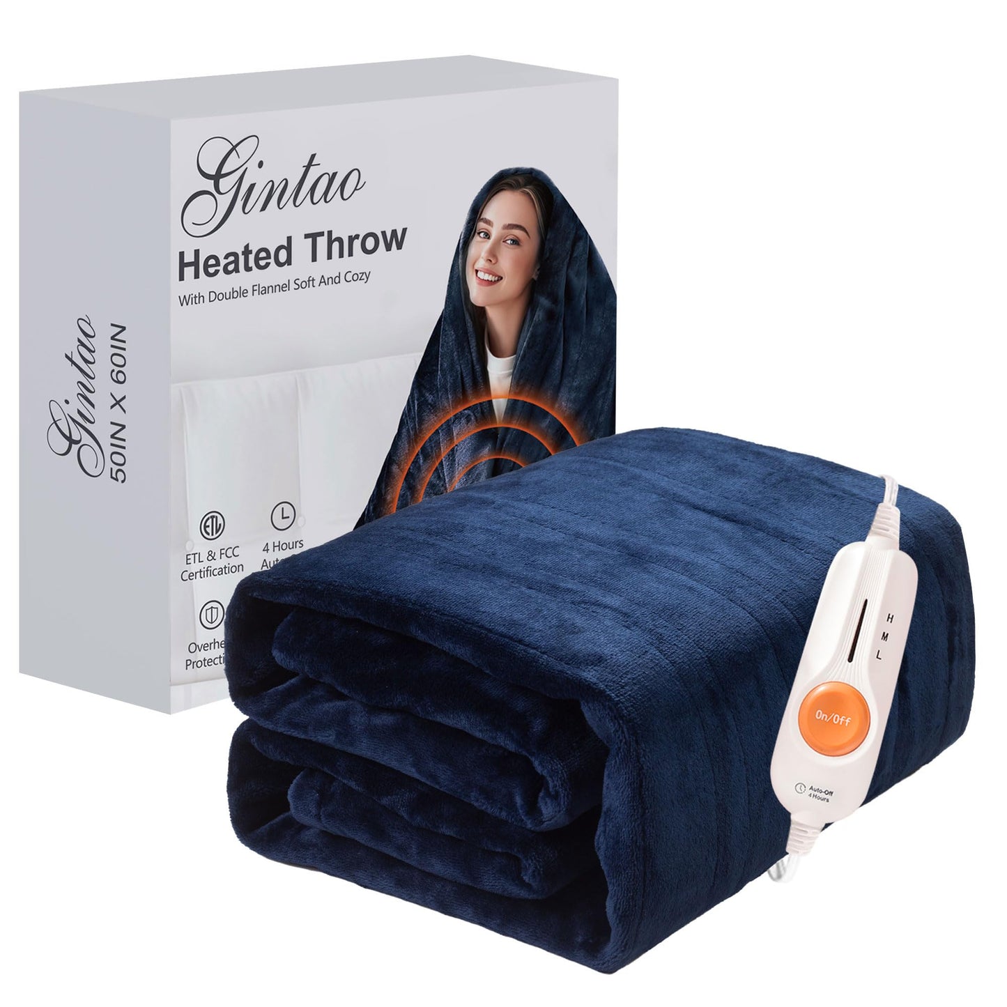 Gintao Electric Heated Blanket Throw,Double Flannel Electric Throw with 3 Heating Levels,ETL&FCC Certified, 4H Auto Off Overheat Protection,Heating Blanket for Home Office,Gifts,50"x60",Gray