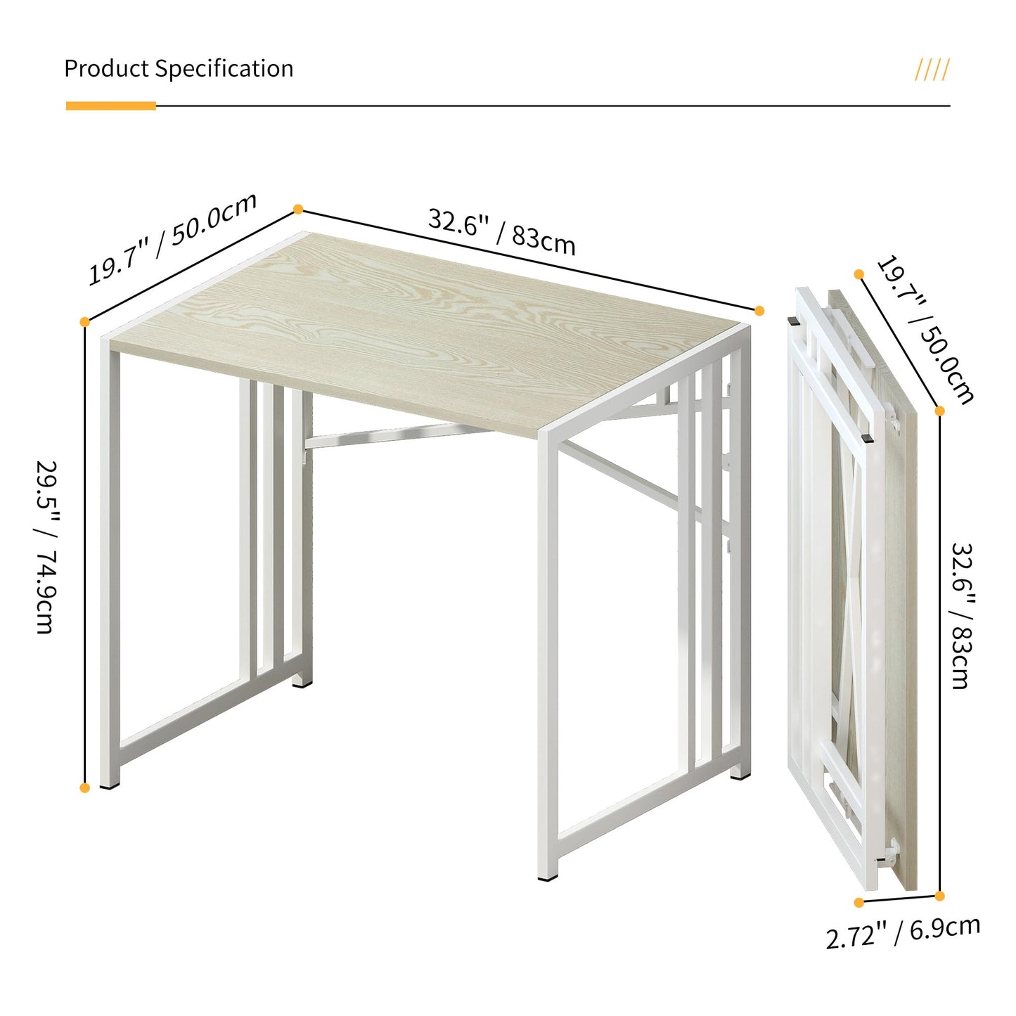 Lutown-Teen 32 inch Small Folding Desk, Writing Gaming Computer Camping Desk for Small Spaces, No Assembly Required Home Office Desk, Natural and White