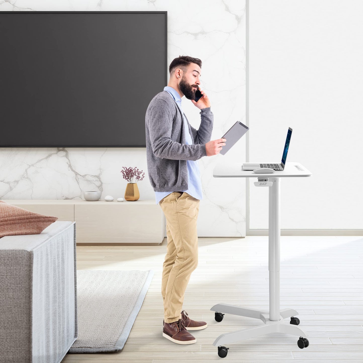 AVLT 48" Ambidextrous Standing Desk, Mobile Adjustable Height Rolling Laptop Desk, Folding Computer Projector Cart with Brake Casters, Portable White Desk for Home Office