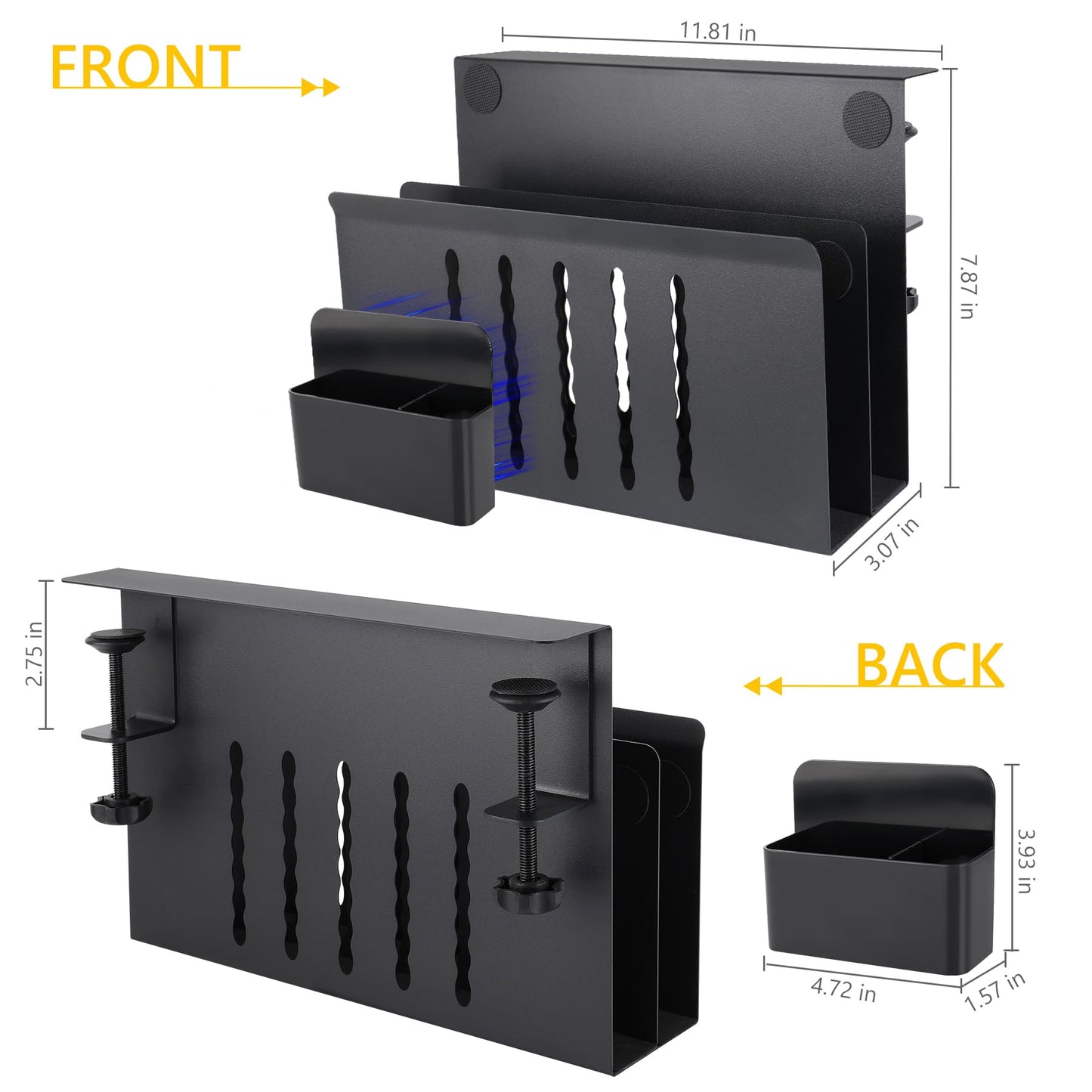 Desk Side Storage Under Desk Laptop Holder, No Drill Hanging Desk Organizer with Pen Holder, Clamp-On Table Side Tray Desktop Organization Mount for Office and Home (White)