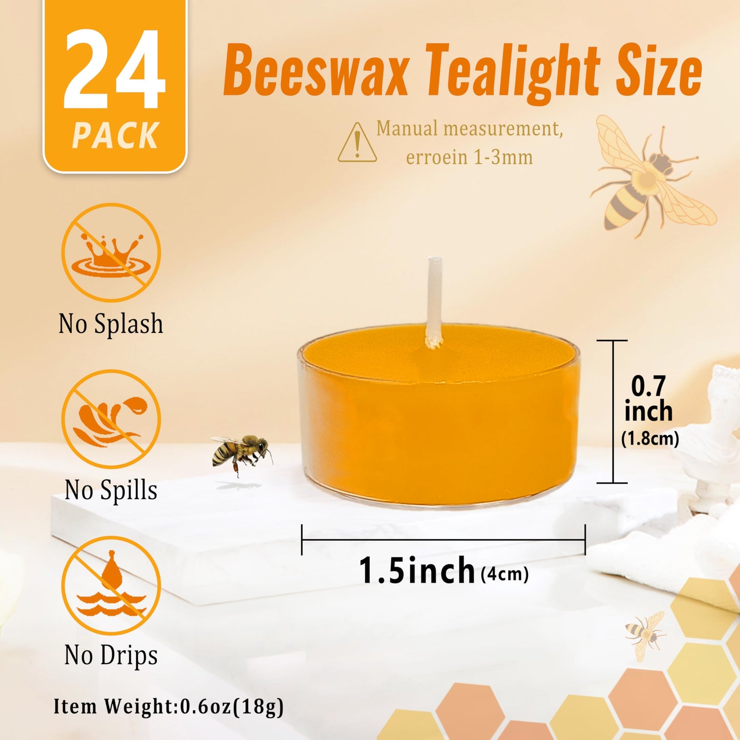 Round Shape Beeswax Tealight Candles, 24 Pack Handmade Natural Beeswax Tea Light Candles Set, Clear Cup Yellow Bees Wax Tealight 6 Hour Burn Time for Home Decor, Shabbat, Wedding, Emergency