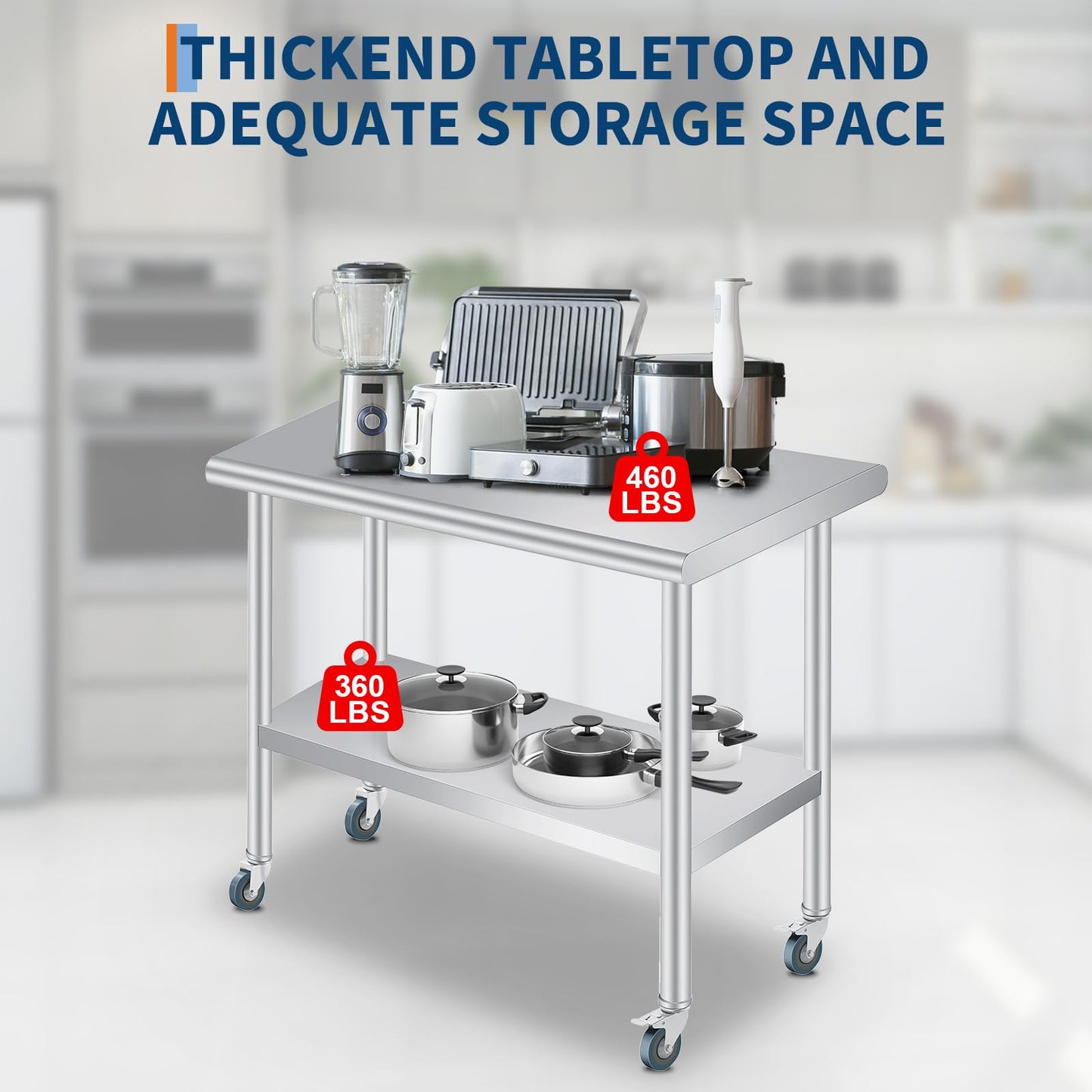  Stainless Steel Prep Table, 24 x 60 Inches Heavy Duty Commercial , with Rounded-Corner, Adjustable Undershelf and 4 Caster Wheels, Heavy Duty Work Table with Adjustable Under Shelf for Outdoor, Res