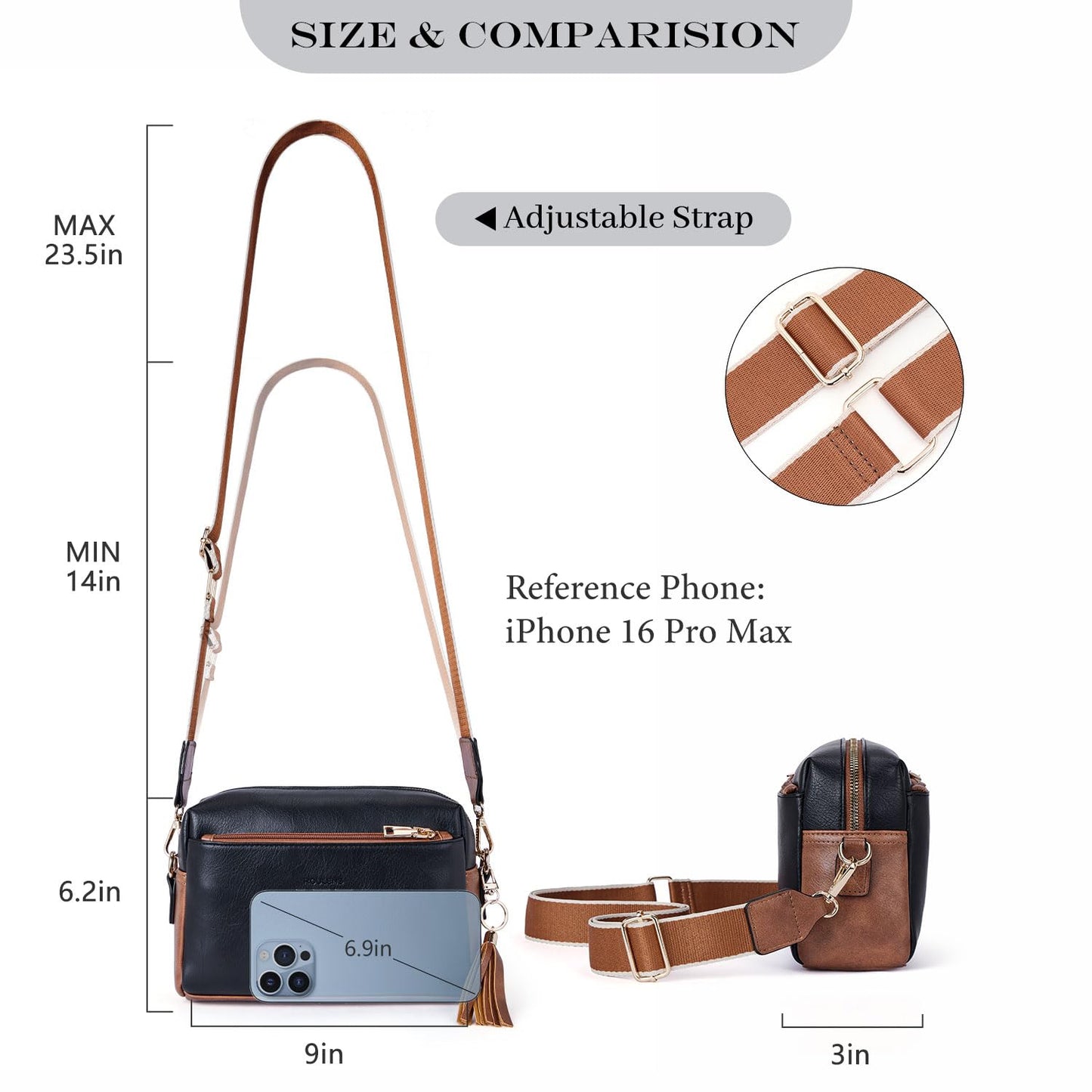 Roulens Triple Zip Small Crossbody Bag for women,Wide Strap Cell Phone Purse Shoulder Handbag Wallet with Credit Card Slots