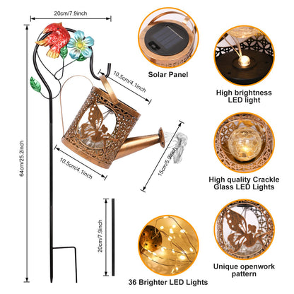 QOCNAM Solar Lights Outdoor Garden Decor Solar Watering Can with Crackle Glass Lights Waterproof Metal Hanging Fairy Lantern for Patio Lawn Yard Outside Decorations- Unique Gift Ideas for Gardening