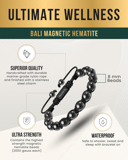 MagnetRX Magnetic Hematite Bracelet - Max Strength Magnet Stones - Magnetic Beaded Bracelets for Men and Women (Bali 8mm Bead)
