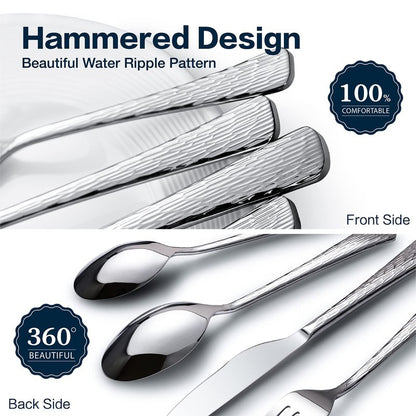 KINGSTONE Hammered Silverware Set, 20-Piece Flatware Set, 18/10 Stainless Steel Premium Cutlery with Unique Ripple Handles Design Mirror Polished - Dishwasher Safe