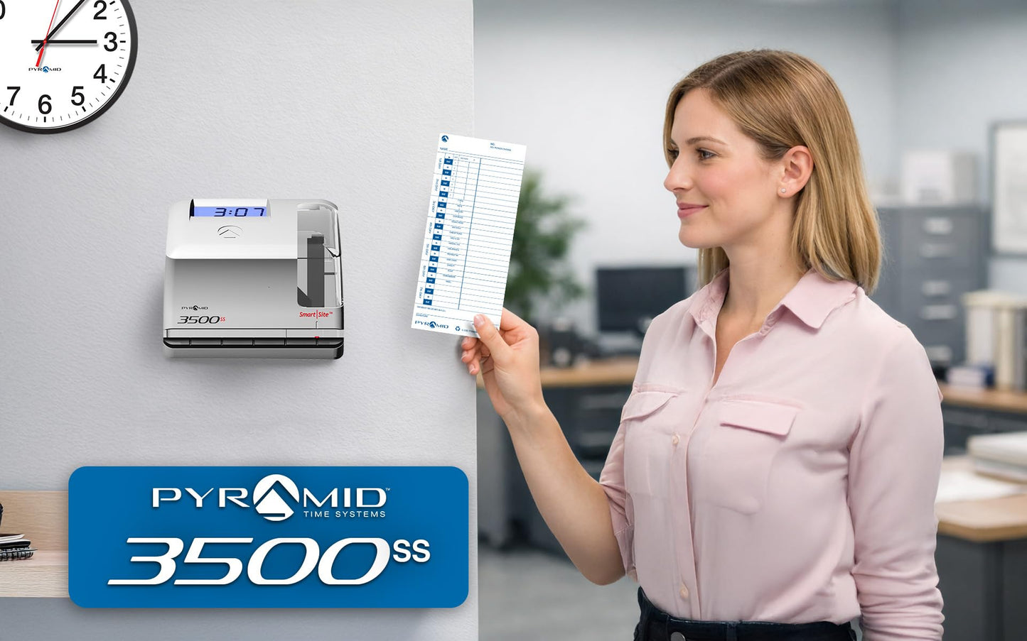 Pyramid Time Systems - 3500SS Employee Automatic Time Clock Bundle for Payroll Tracking and Attendance Management, Punch Clock with SmartSite Alignment, 25 Time Cards, 1 Ribbon and 2 Security Keys