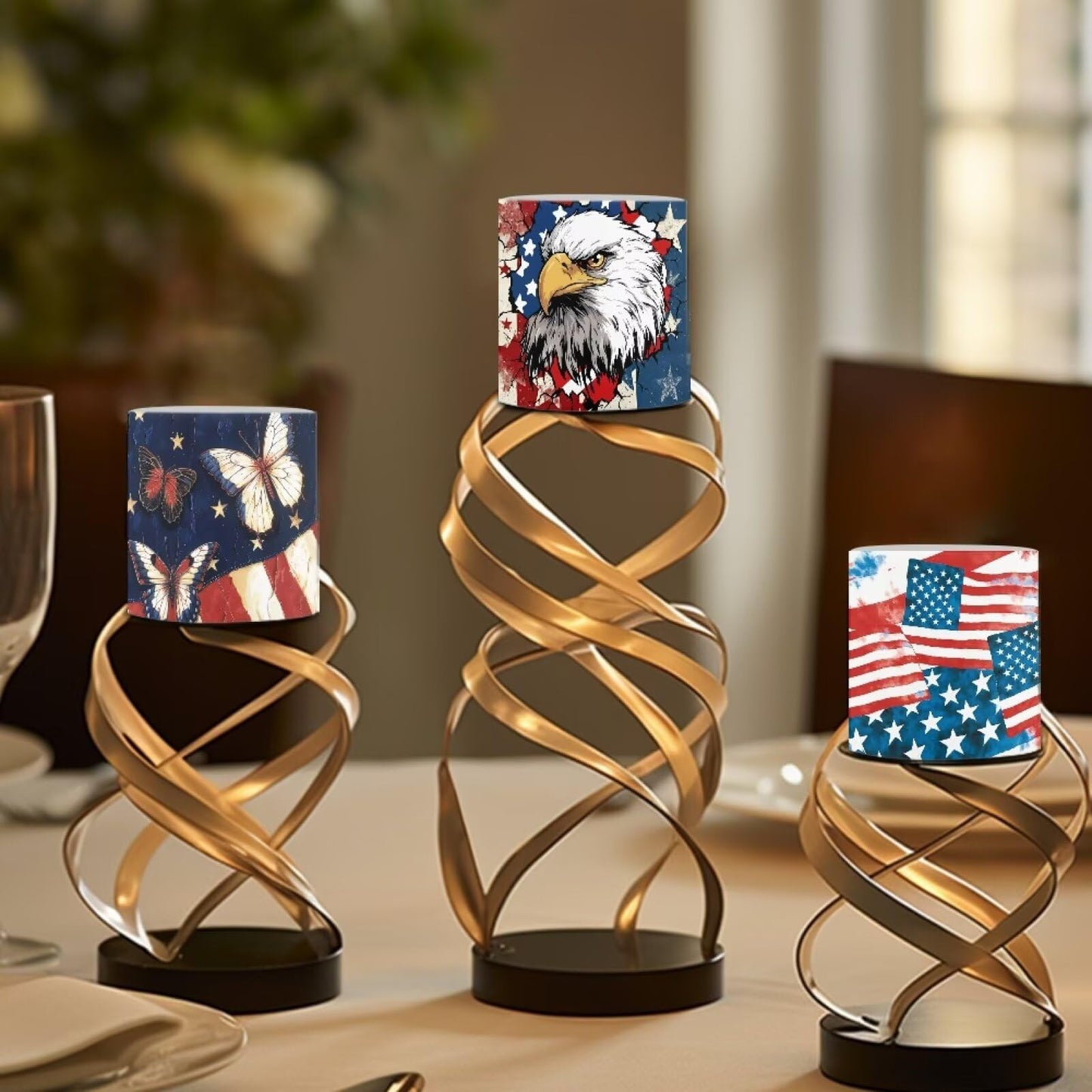 NETILGEN American Flag Eagle Daisy 3 inch Flameless LED Candles with Remote Timer Set of 4 July 4th Independence Day Decor Realistic Flickering Flameless Candles with Battery Powered