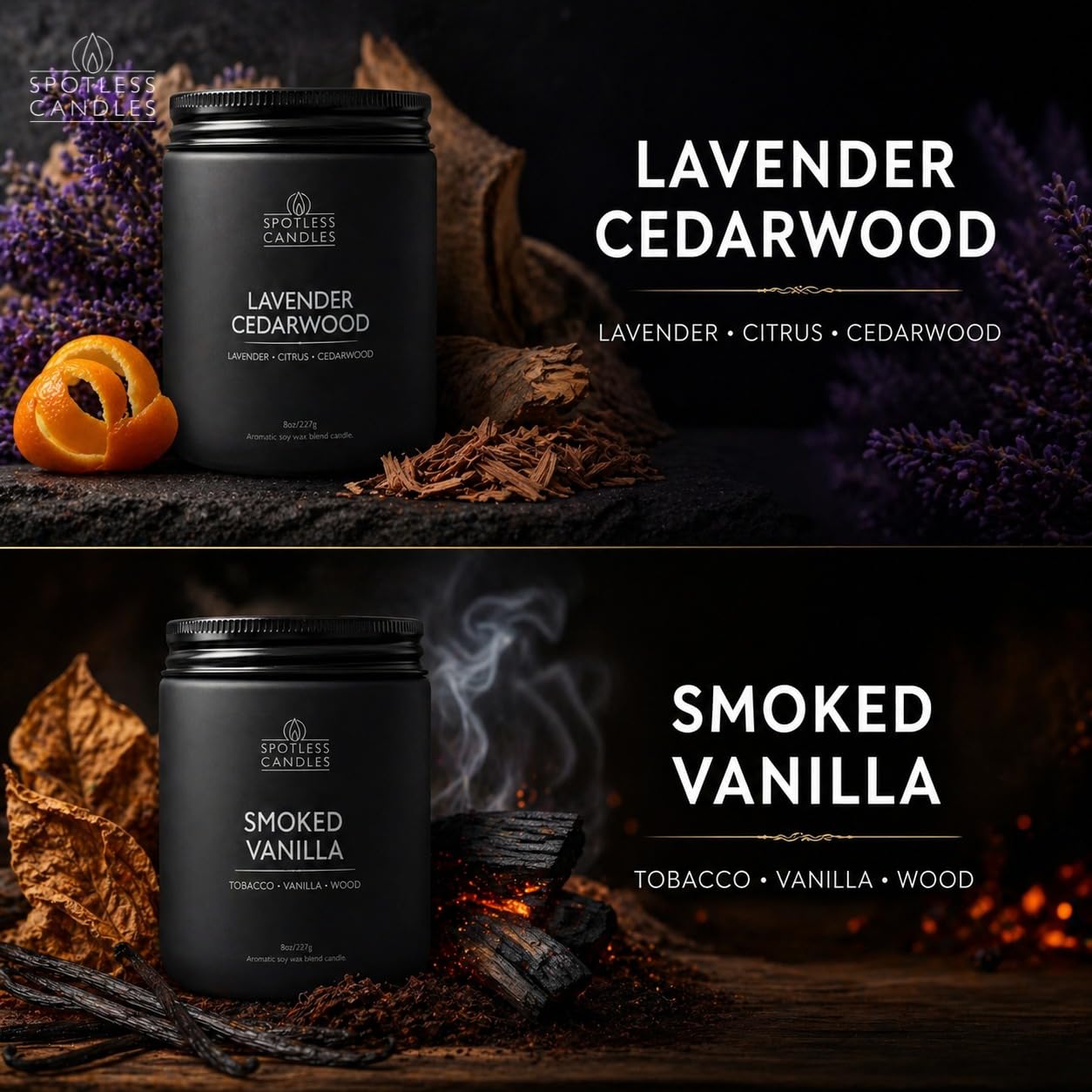 Mens Candle 2 x 8oz Pack Smoked Vanilla and Lavender Cedarwood Scents