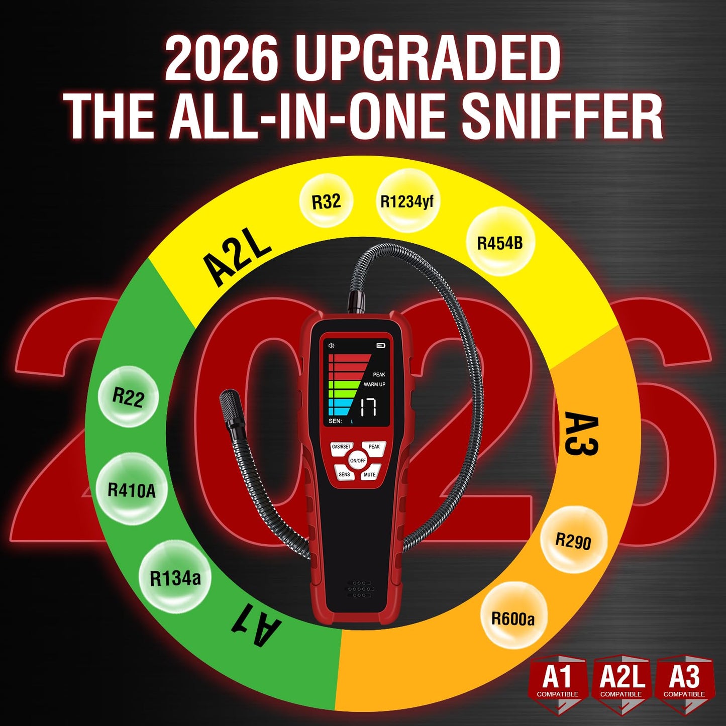 Refrigerant Leak Detector, Aprvtio ALD-200+ HVAC Freon Sniffer 2026 Upgraded 3-in-1 A1 A2L A3 & Low-GWP Compatible, Smart Semiconductor Sensor with 0.14 oz/yr Sensitivity, Professional AC Sniffer