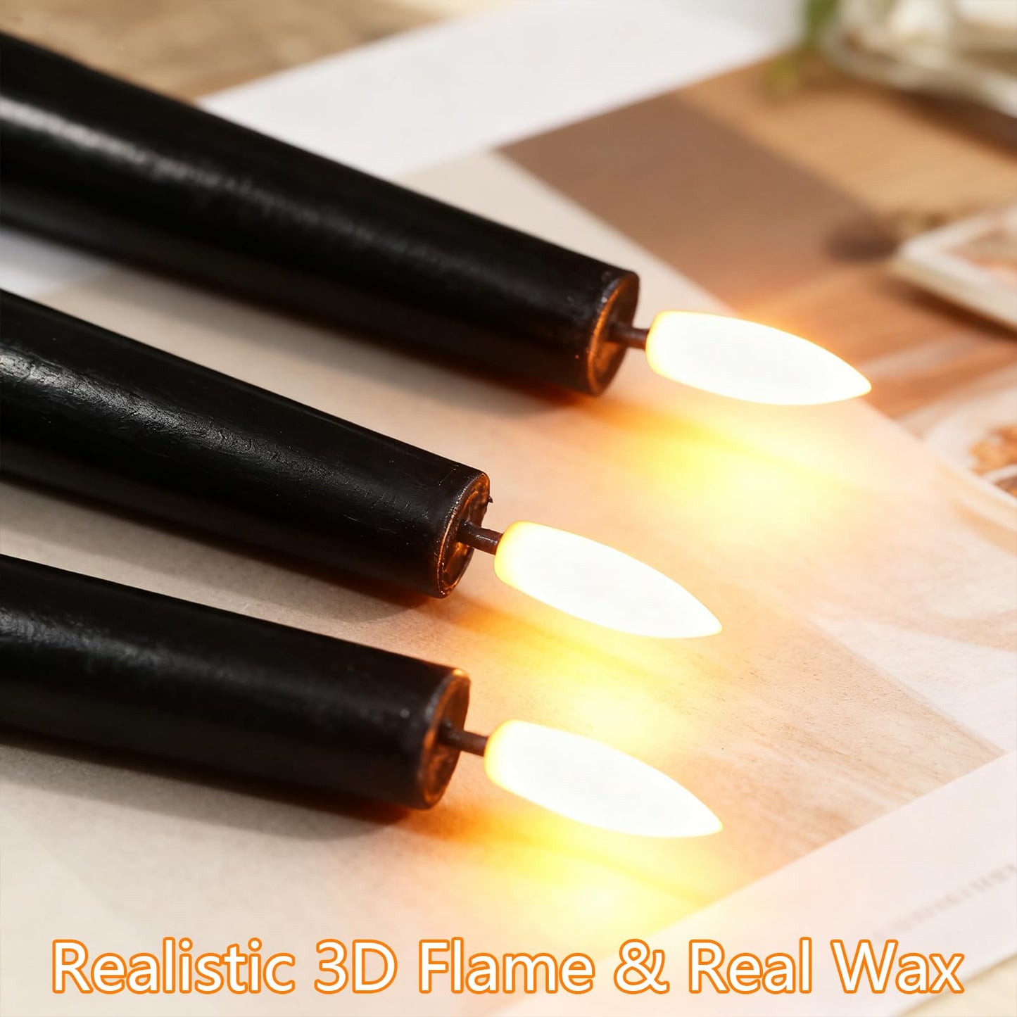 GenSwin Black Flameless Taper Candles with Remote, Halloween Flameless Candles Flickering Battery Operated, Real Wax LED Halloween Candlesticks with 3D Wick for Home Decor(Set of 3, 0.78” x 9.65”)