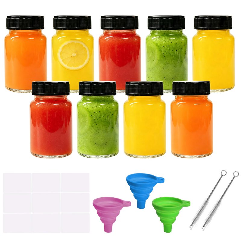 SAIAOKJ 9 Pack Glass Bottles with Lids - 2 oz Wide Mouth Leakproof Reusable Juice Travel Bottles with Labels for Ginger Shot, Turmeric Juice, Whiskey & Camping