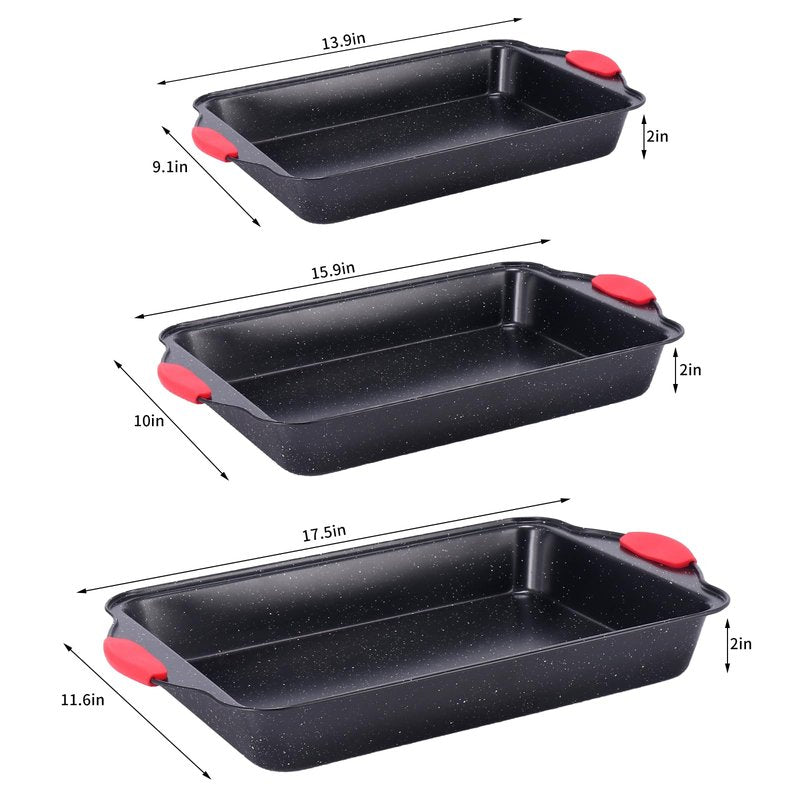 Anveena 3-Piece Nonstick Kitchen Oven Baking Pans - Premium & Stylish Non-Stick Steel, Commercial Grade Restaurant Quality Metal Bakeware with Red Silicone Handles - Easy to Clean black