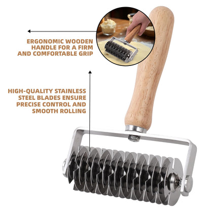 JuyVerq Pastry Lattice Roller Cutter, Stainless Steel Lattice Dough Cutter Wood Handle, Professional Pastry Crust Cutter, Household Time-Saver Cutting Tool Pie Bread Beef Wellington Pizza