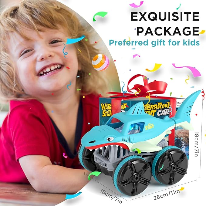MaxTronic Remote Control Car Amphibious 2.4 GHz 4WD 1:14 Scale All-Terrain Waterproof Remote Control Monster Truck RC Boat Shark Car Toys for 3-12 Years Old Boys Girls