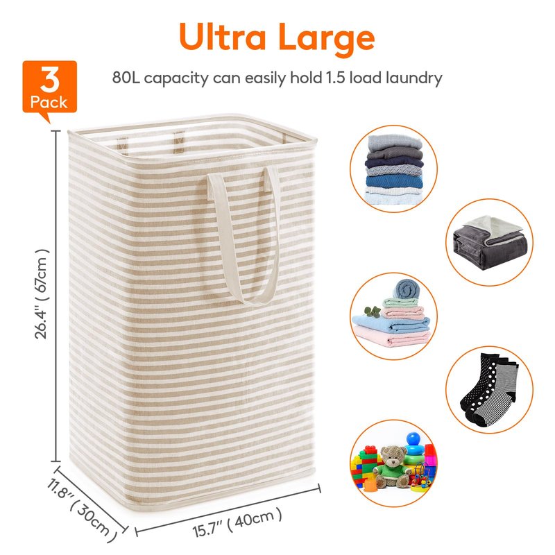Lifewit 3 Pack Laundry Basket 80L Each, Collapsible Clothes Hamper with Reinforced Handles, Freestanding Waterproof Design for Bedroom and Laundry Room, Beige 240L Total