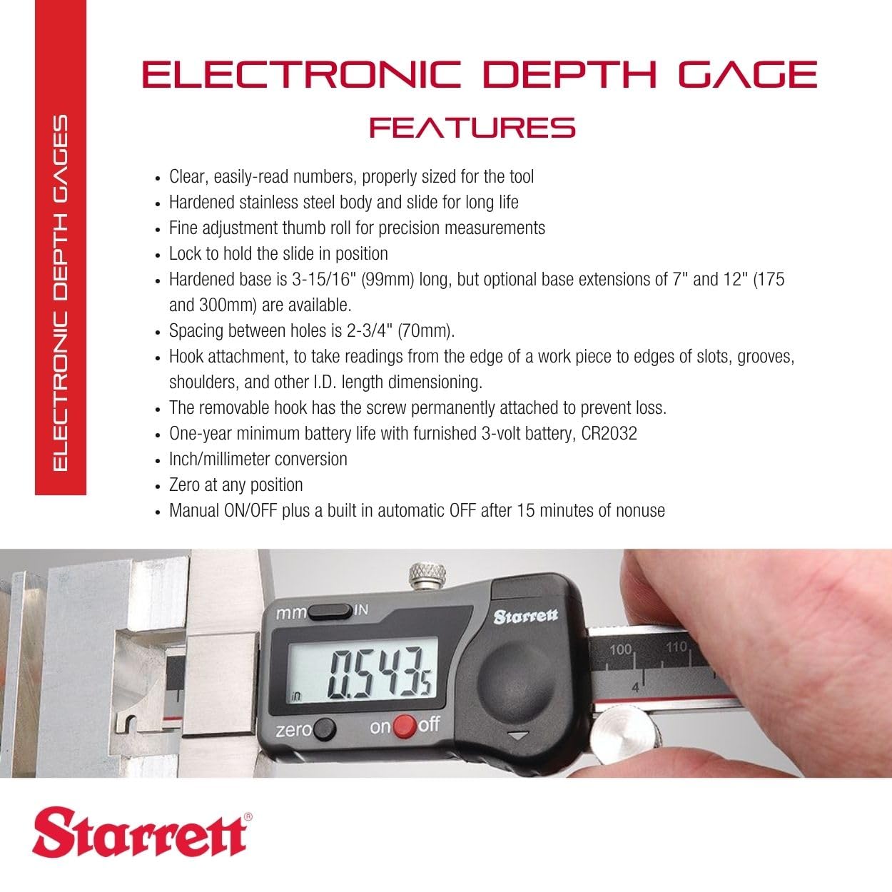Starrett Electronic Depth Gage with Clear, Easily-Read Numbers, Fine Adjustment Thumb Roll and Removable Hook - 0-6" Range, .0005" Resolution - 3753A-6/150