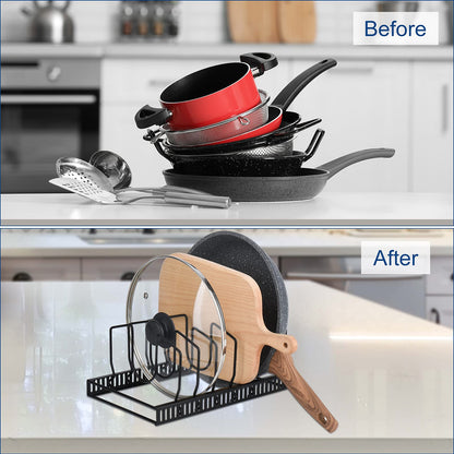 Toplife Pot Lids Organizer Rack for Cabinet and Countertop, 7+ Pan Lids and Bakeware Organizer Rack Holder with 7 Adjustable Compartments - Black