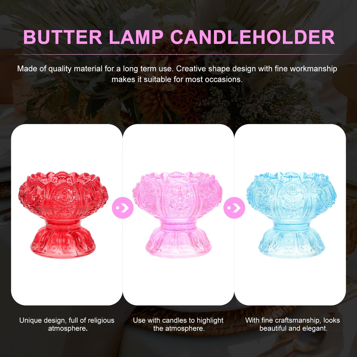 Alipis 3pcs High Base Glass Candleholders Set, Religious Butter Lamp Candle Holders with Blue, Red, and Pink Small Crystal Glass Tealight Stands for Home Décor and Spiritual Use