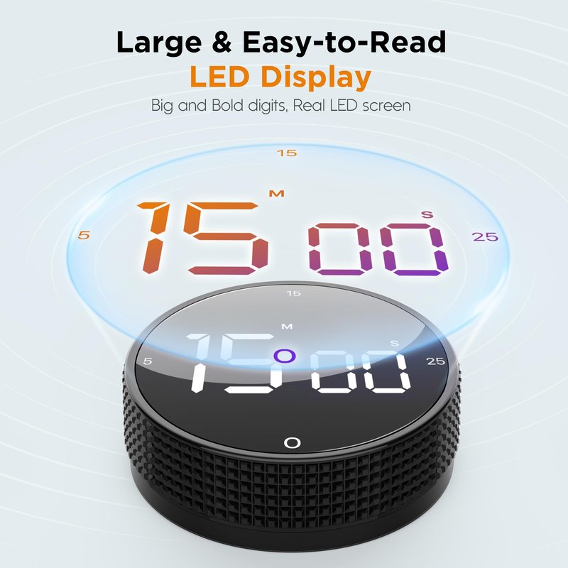 Upgrade Digital Kitchen Timer - Magnetic Countdown Countup Visual Pomodoro Timer with Large LED Display, 3-Preset Times (5, 15, 25), 3 Volume Levels, Ideal for Cooking, Baking and Fitness (1, Black)