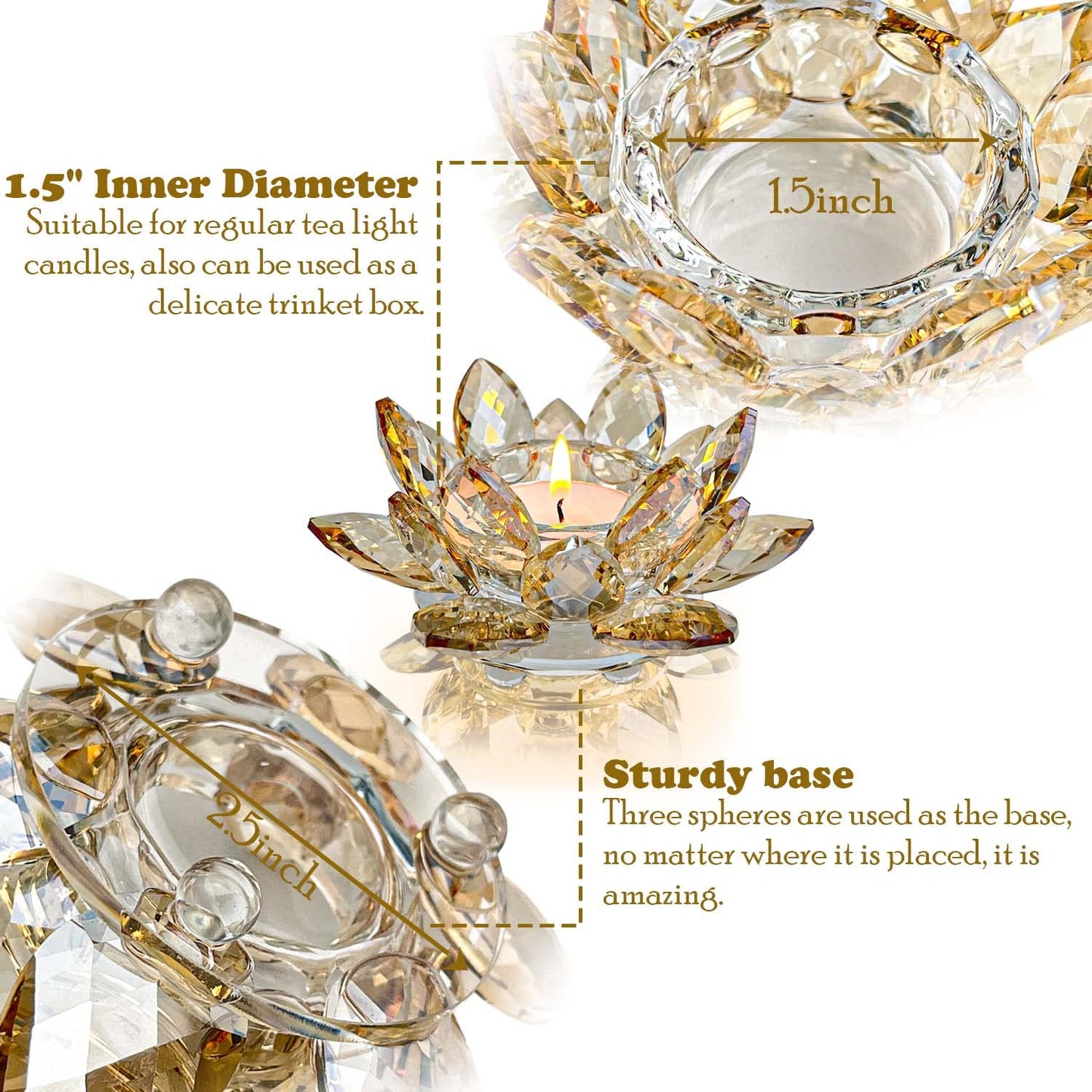Kolnlala Crystal Lotus Flower Tealight Candle Holders/Glass Tea Light Candlestick Decor Decoration for Christmas Home Wedding Party… (1, Gold 2pcs)