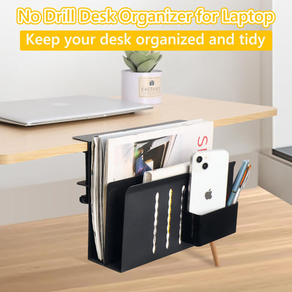 Desk Side Storage Under Desk Laptop Holder, No Drill Hanging Desk Organizer with Pen Holder, Clamp-On Table Side Tray Desktop Organization Mount for Office and Home (White)