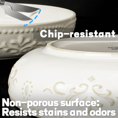 Artena Pasta Bowls, 50oz Large Salad Serving Bowls, 9.75'' Plates Bowls Set of 4, Big White Ceramic Soup Bowls for Kitchen, Embossment Shallow Dinner Bowl, Microwave Dishwasher Safe, Multiple Patterns
