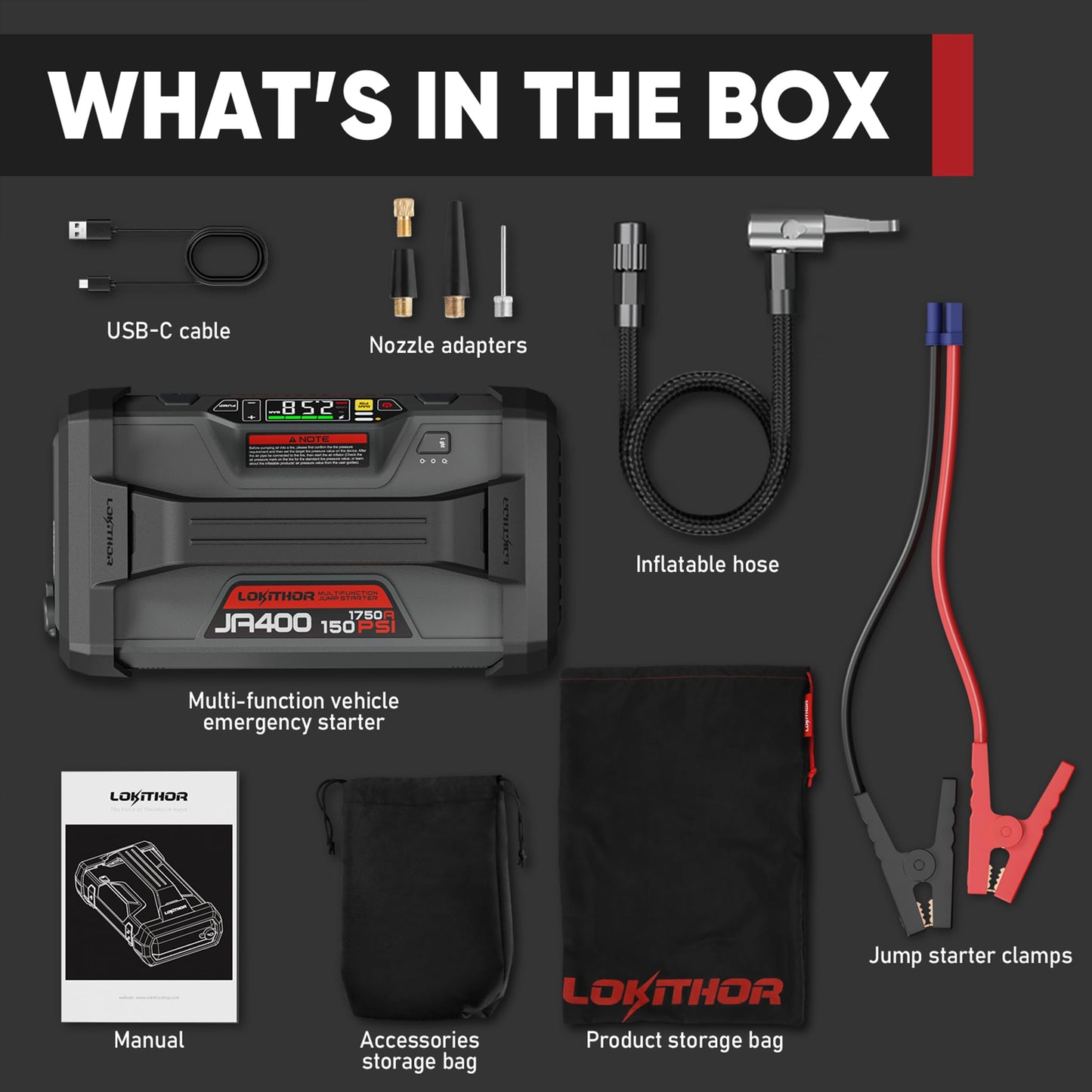 LOKITHOR JA400 1750A 12V Jump Starter with Air Compressor, 60W Two-Way Fast Charing, Lithium Car Battery Starter with 150PSI Digital Tire Inflator, Booster Pack for 7.5L Gas or 5.5L Diesel Engines