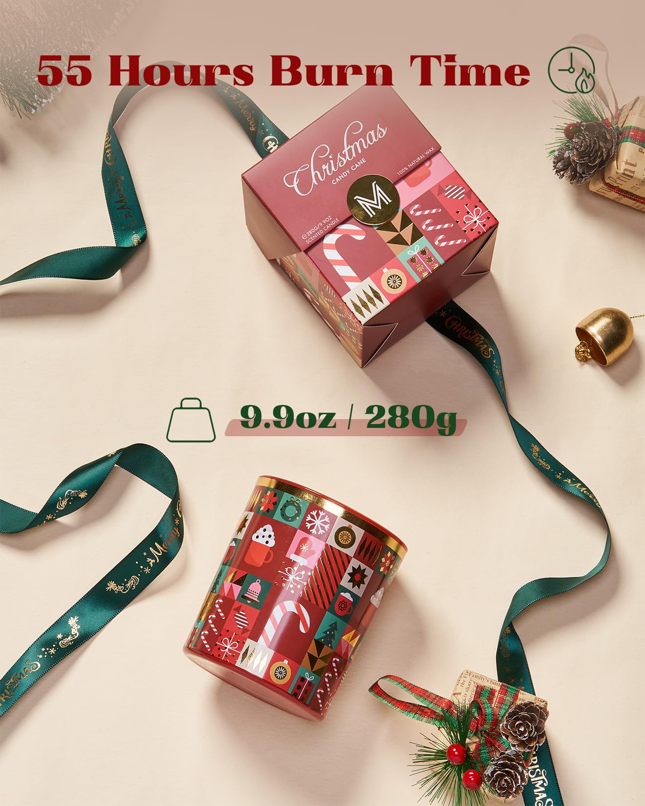 M&SENSE Christmas Candy Cane Scented Holiday Candle for Home, 9.9oz 55Hours Clean Non Toxic Burn, Natural Soy Wax Cotton Wick Fruit Scent, Winter Housewarming Candle Gifts for Women Family Friends