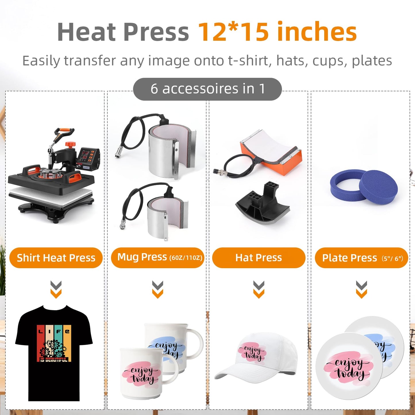 KOKEBREN 6 in 1 Heat Press Machine 12x15 Inch 360-Degree Swing Away Digital T Shirt Pressing Machine Multifunction Heat Transfer Sublimation Combo for T Shirts Mugs Hat Plate Cap