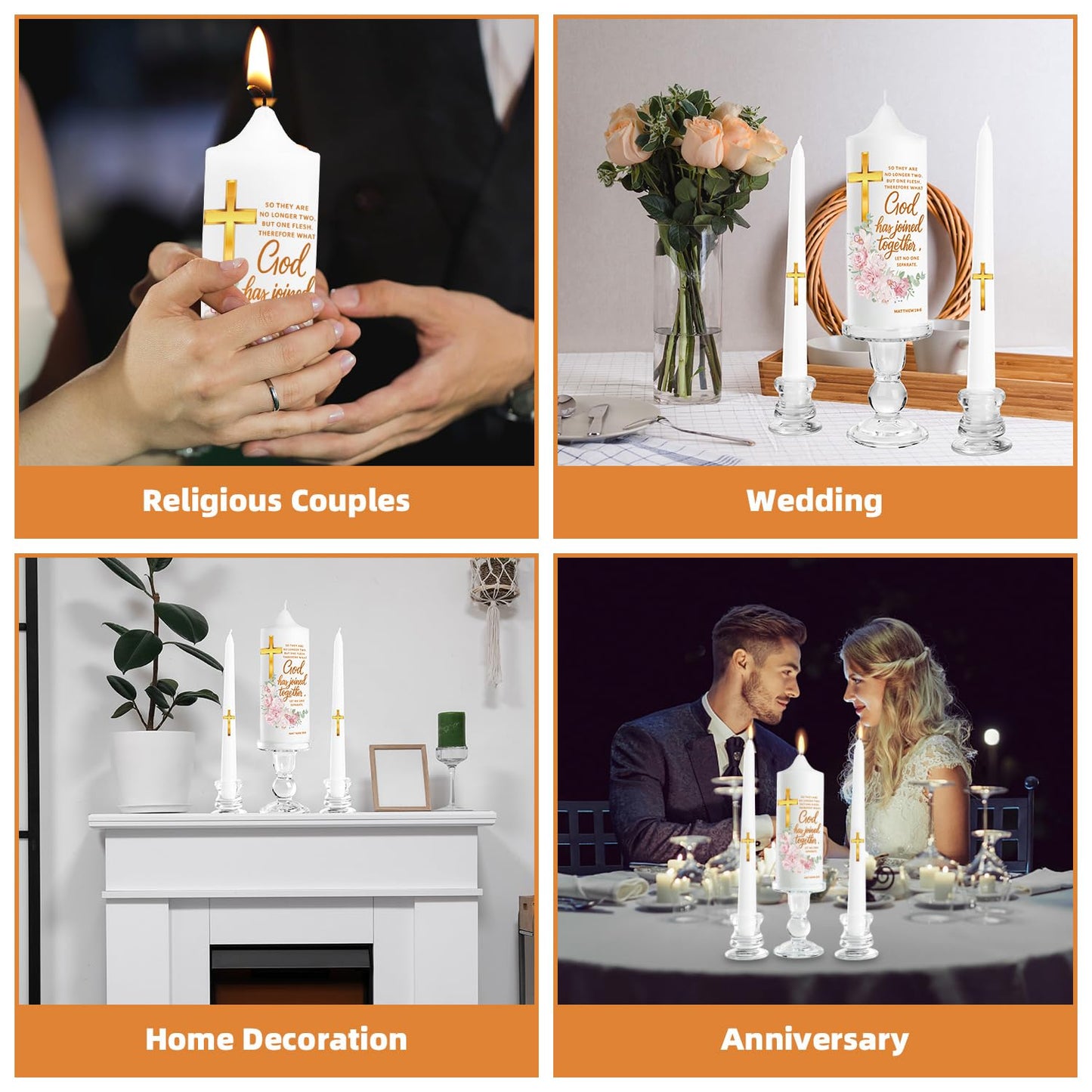 Extrogif Unity Floral Candles with Holder for Wedding Ceremony – Wedding Candle Set with Glass Holders – Elegant Pillar Candles with a Gold Cross and the Matthew 19:6 Verse