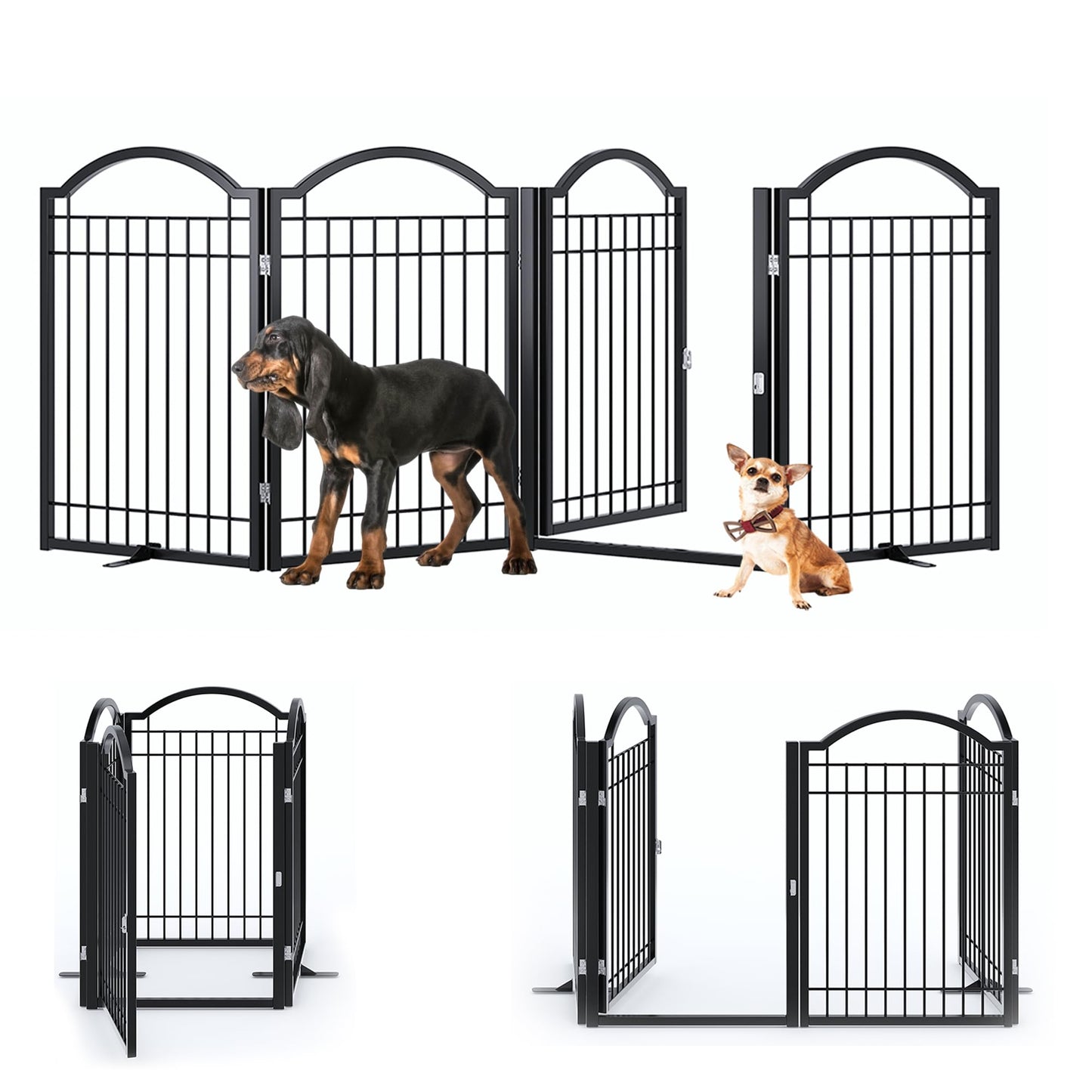 BHG Metal No-Assembly Freestanding Dog Gate with Door Walk Through, Extra Wide 96", Extra Tall 32" Pet Gate, Accordion Puppy Folding Playpen Dog Fence, with 2PCS Support (Black, 4 Panels)