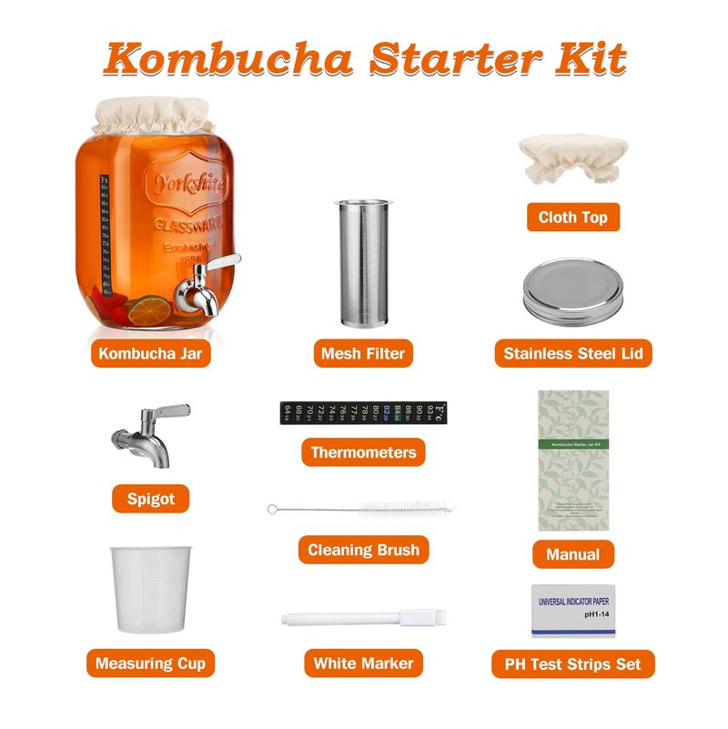 1 Gallon Kombucha Starter Kit, Glass Kombucha Jar with Spigot and Stainless Steel Mesh Filter Fermentation Kit for Home Brewed Kombucha Bottles, Includes Test Strips, Measuring Cups, Cloth Top