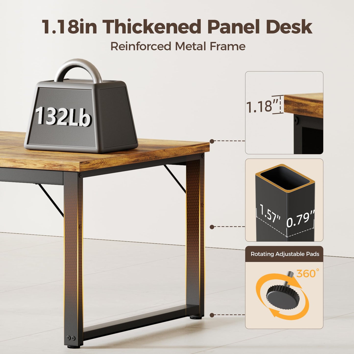 Mericonia 63 Inch Large Computer Desk with Power Outlets, 1.2" Thick Heavy Duty Industrial Office Desk, Modern Simple Study Writing Table for Home Office Bedroom Workstation, Brown