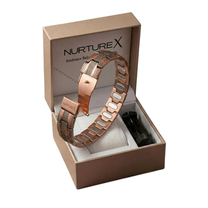 NurtureX 10K Therapeutic Pure Copper Magnetic Bracelet for Men, Ultra Powerful Gauss Adjustable Magnet Therapy Bracelet with Fold Over Clasp, Includes Sizing Tool, Extra Link Pins, Cleaning Cloth, Best Gift for Men - (Bioflow MAX)