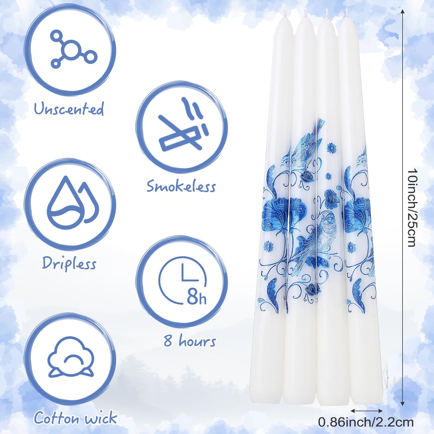 Conelist 4 Pcs Chinoiserie Taper Candles Blue and White Decorative Chinoiserie Porcelain Candlesticks 10 Inch Long Unscented Bridal Wedding Shower Candles for Christmas Party Gift Home Decor