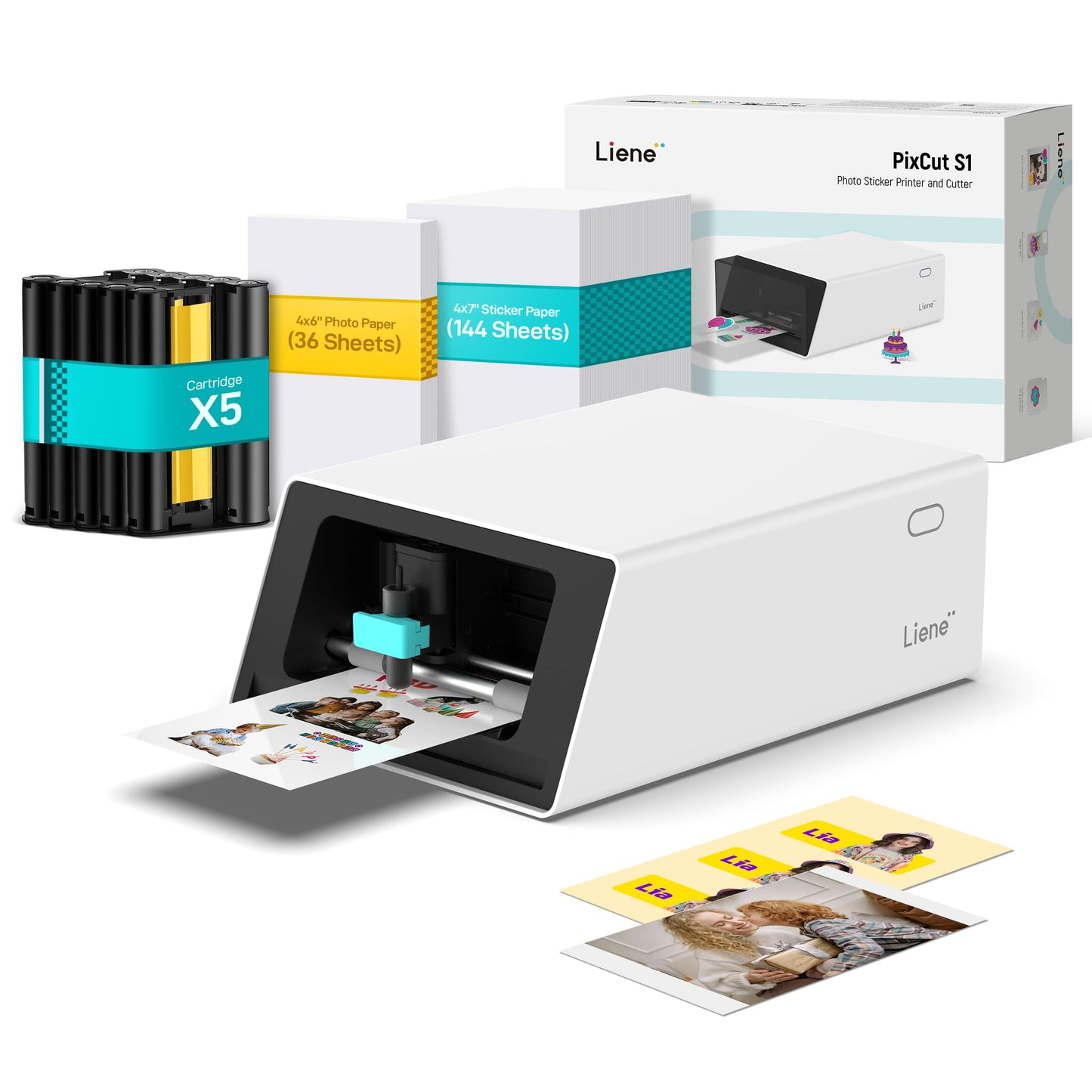 Liene PixCut S1 Inspire Kit - All-in-One Color Sticker Printer & Cutting Machine, Thermal Dye-Sublimation Photo Printer, 300 DPI, Color Label Maker with 180 Sheets (36 Photo + 144 Sticker Paper)