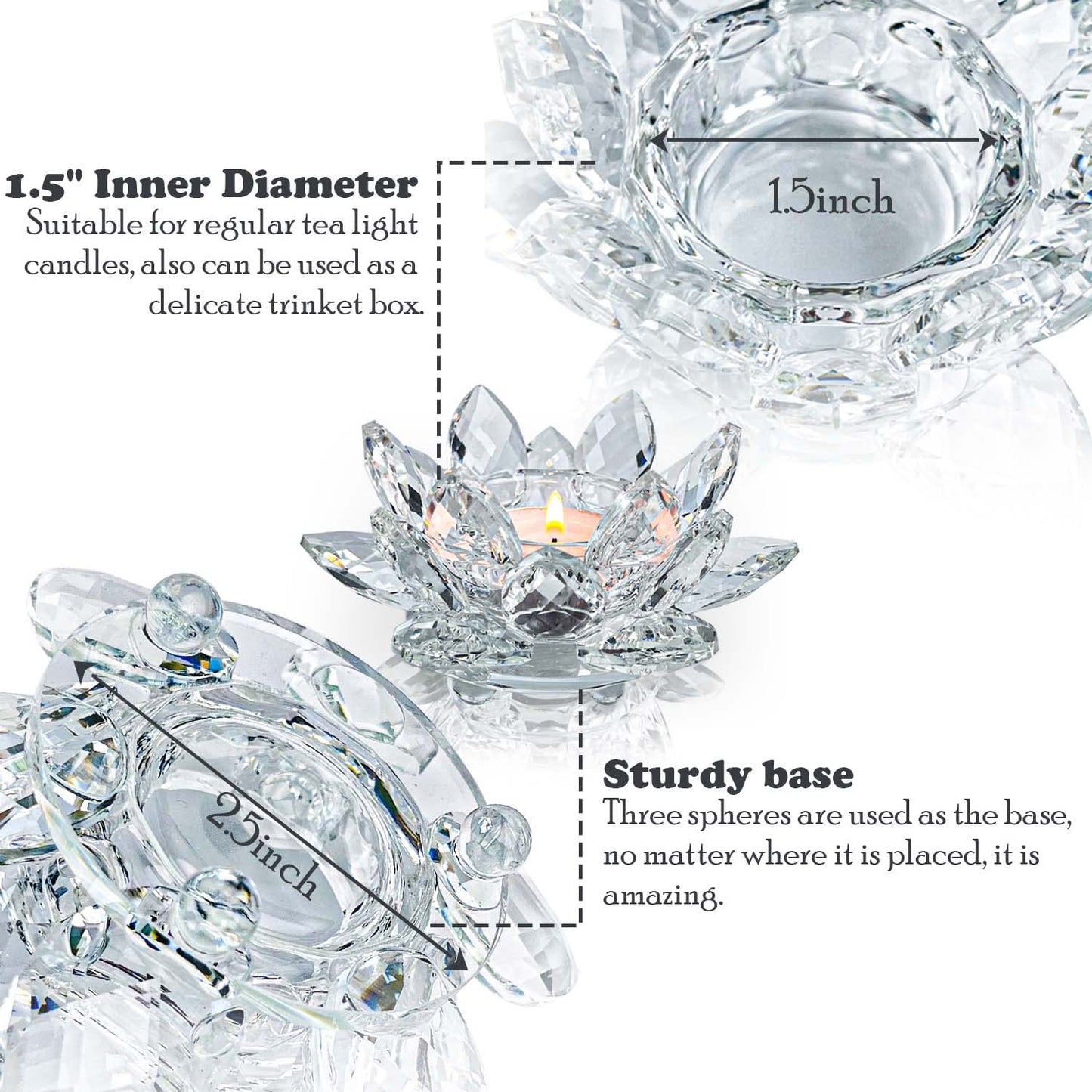 Kolnlala Crystal Lotus Flower Tealight Candle Holders/Glass Tea Light Candlestick Decor Decoration for Christmas Home Wedding Party… (Clean 2pcs)