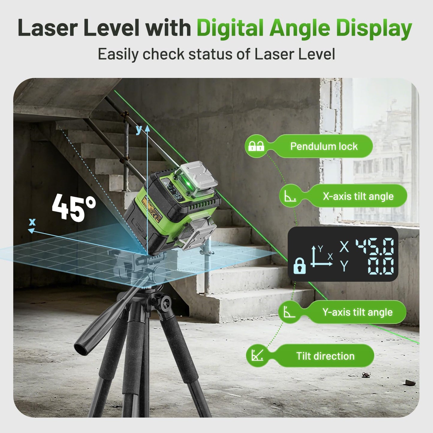 HUEPAR Laser Level 360 Self Leveling with LCD Screen, 4 x 360° High Brightness Rechargeable 4D Lazer Leveler Tool for Construction and Picture Hanging, Strong Magnetic Bracket&Hard Carry Case -Y04CG