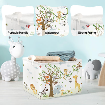 Clastyle 36L Woodland Vine Animal Tree Nursery Decor Baby Basket Collapsible Rectangle Giraffe Monkey Tiger Clothes Toy Book Shelf Basket