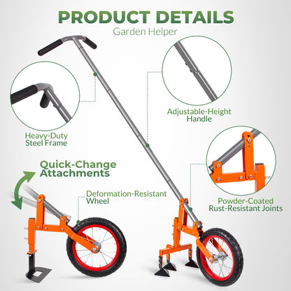 Walensee 2-in-1 Manual Wheel Hoe Garden Cultivator, Push Plow with Adjustable Long Handle 51.9–64.9 in, Dual Tools for Soil Loosening & Weeding, Heavy Duty Steel Frame, Lawn & Garden Tiller