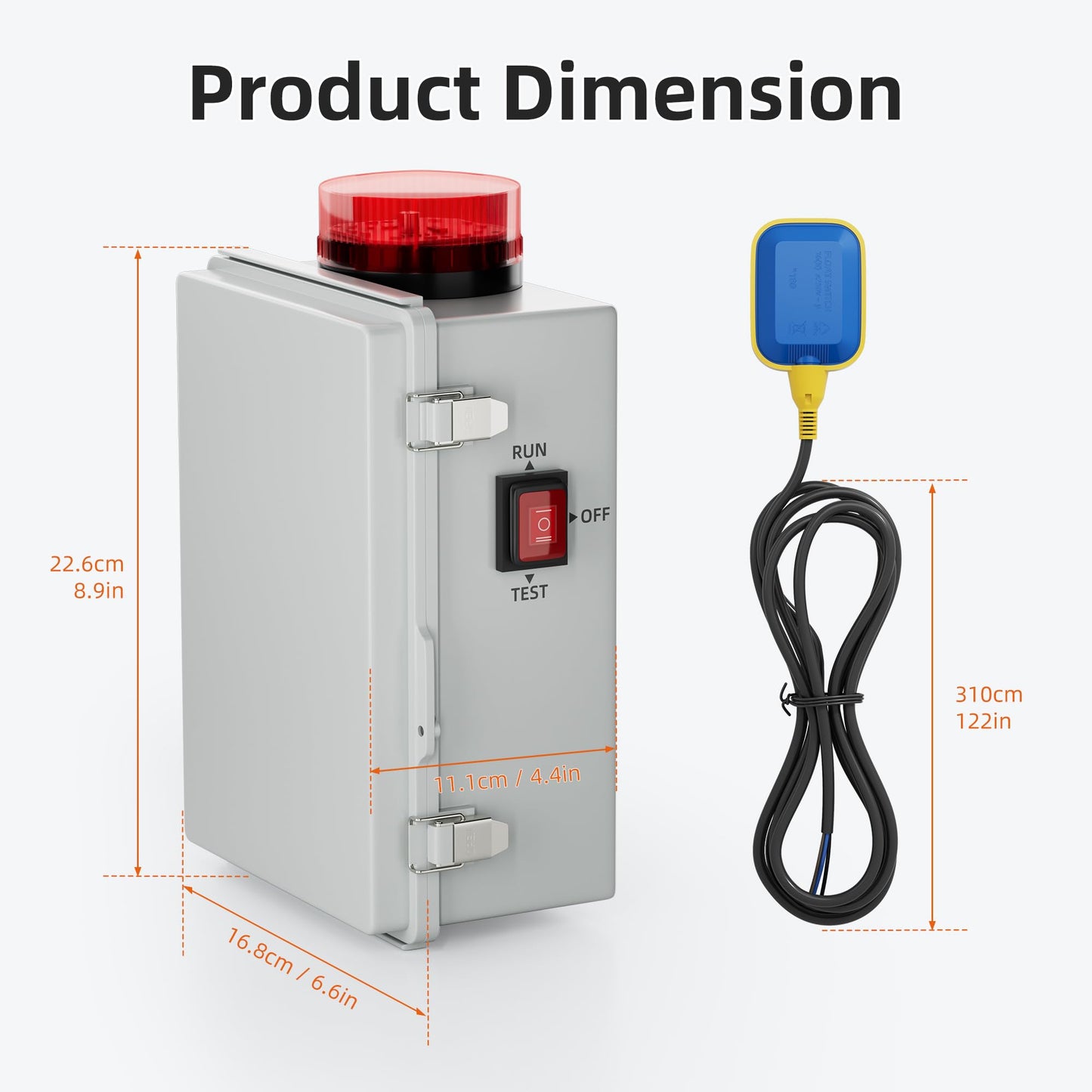 Joinfworld Sump Pump Water Alarm Waterproof Control Panel Septic Tank Water Detector Alarm for Basements with Flash Light and 110dB Alarm